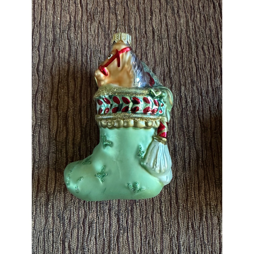 Fitz and Floyd Glass Christmas Ornament Horse in Green Stocking Glitter 5.5"